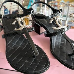 Chanel black patent leather sandals